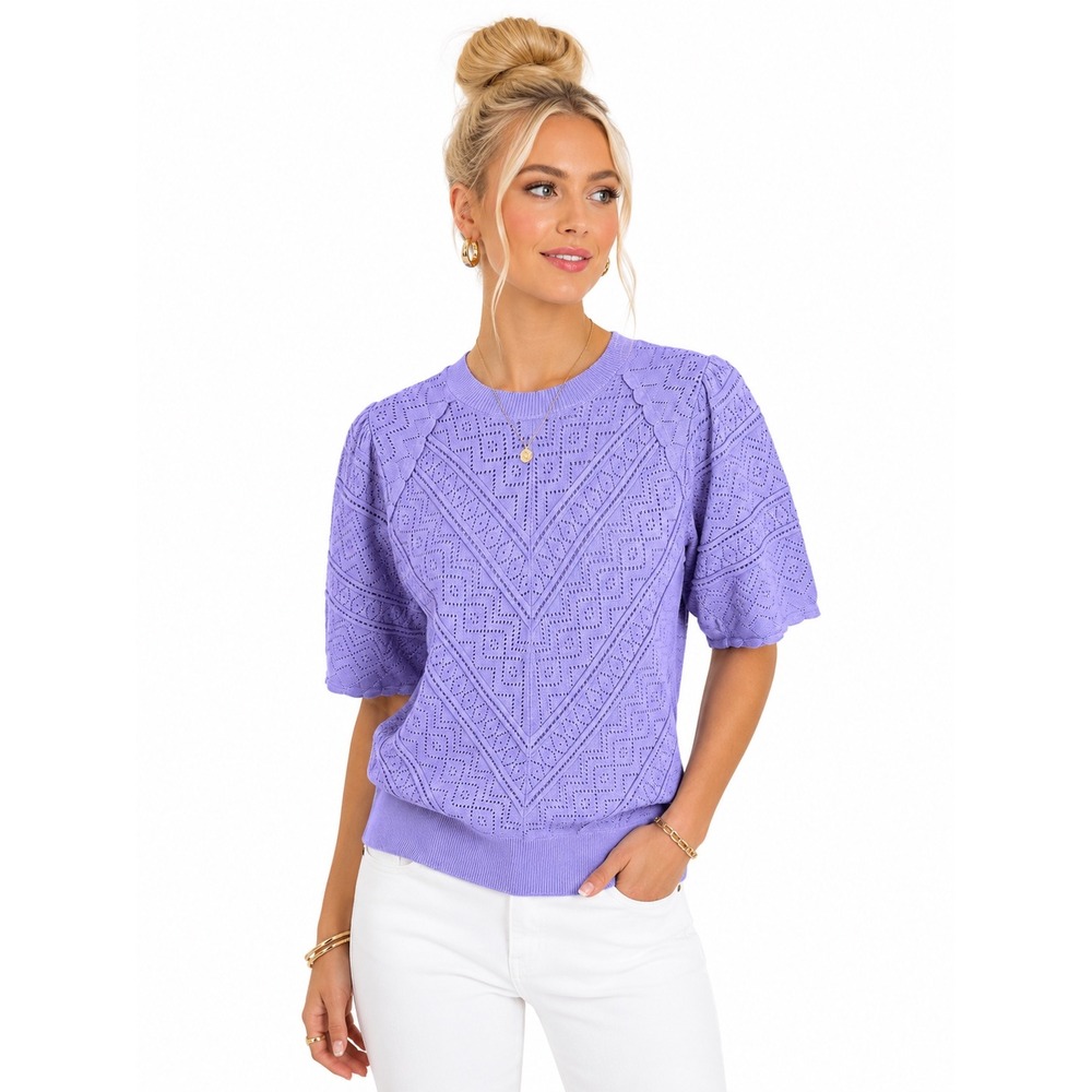 White House Black Market Purple Pointelle Knit Puff Short Sleeve Sweater Top S